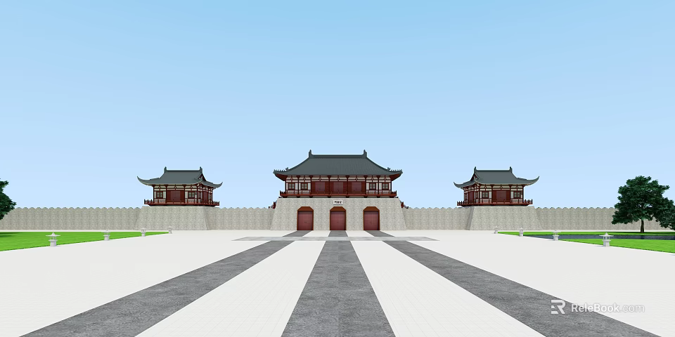 Traditional Chinese Architectural Complex With Symmetrical Gate Towers And Red Gates 3d model 