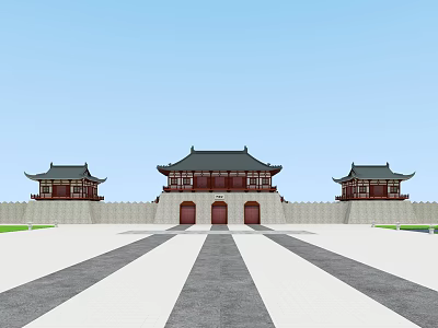Traditional Chinese Architectural Complex With Symmetrical Gate Towers And Red Gates 3d model