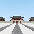 Traditional Chinese Architectural Complex With Symmetrical Gate Towers And Red Gates