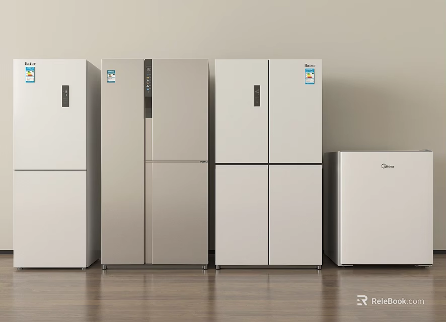 Modern Home Refrigerators and Freezers Various White Silver Models on Wooden Floor 3d model 