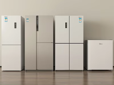 Modern Home Refrigerators and Freezers Various White Silver Models on Wooden Floor 3d model