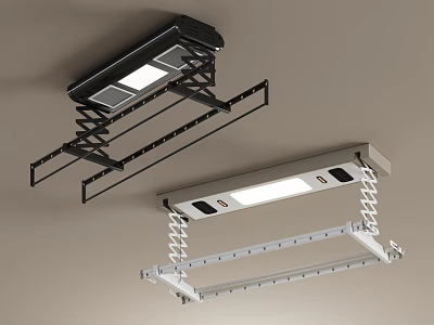 Two Black and Silver Ceiling Mounted Hanging Racks with LED Lights Retractable Design 3d model