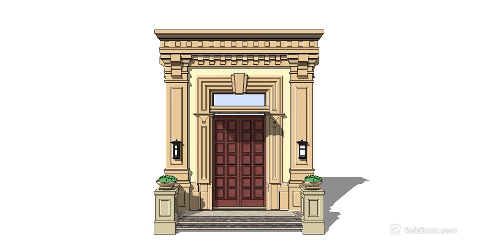 Classical Entrance Door Featuring Ornate Portico Dark Brown Wooden Panels And Stone Steps 3d model 