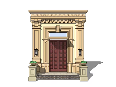 Classical Entrance Door Featuring Ornate Portico Dark Brown Wooden Panels And Stone Steps 3d model