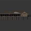 Architectural Building Model With Sloped Brown Tile Roof And Supporting Poles