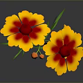 Vibrant Yellow and Red Flower with Green Stems and Leaves Against Gray Background