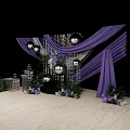 Elegant Floral Display with Purple Curtains Hanging Silver Spheres and Event Decor Setup