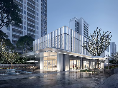Modern Sales Office Building With Glass Curtain Wall Greenery And High Rise Background 3d model