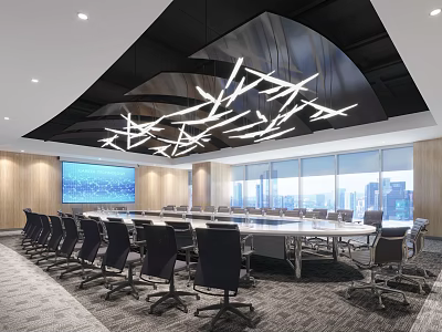 Modern Conference Room With Long Table Black Chairs Geometric Pendant Lights And City View Windows 3d model