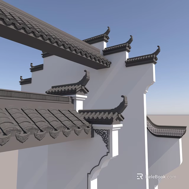 Chinese Garden Decorative Structure Featuring Overhanging Eaves White Walls And Carved Tiles 3d model 