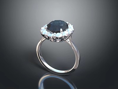 Luxurious Silver Ring With Dark Central Gemstone And Surrounding White Stones 3d model