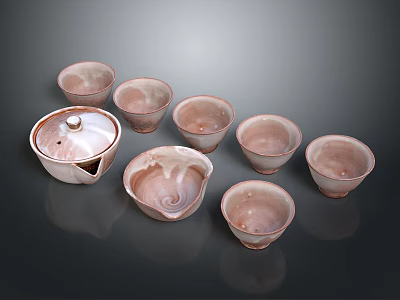 Glossy Pink And White Tea Set With Teapot And Multiple Teacups On Dark Background 3d model