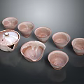 Glossy Pink And White Tea Set With Teapot And Multiple Teacups On Dark Background