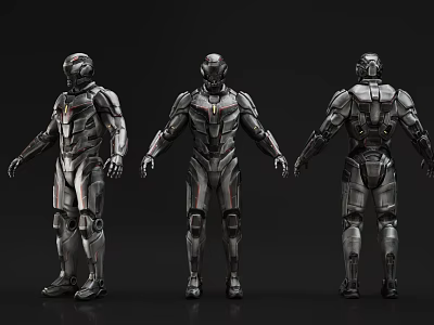 Game Movie Character Metal Armor Design Three Angle Views With Futuristic Mechanical Details 3d model