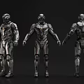 Game Movie Character Metal Armor Design Three Angle Views With Futuristic Mechanical Details