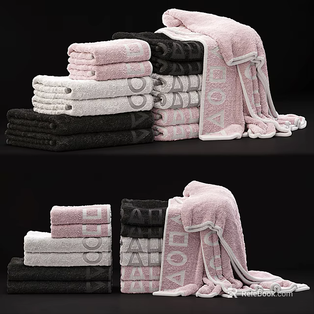 Pink White Black Towels Stacked And Hanging Neatly In Bathroom 3d model 