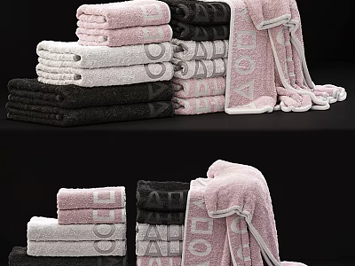 Pink White Black Towels Stacked And Hanging Neatly In Bathroom 3d model