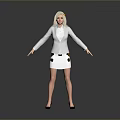 Blonde Woman Standing In White Blazer And White Skirt Against Gray Background