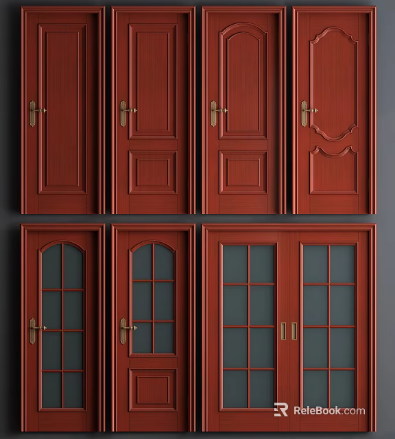 Red Wooden Hinged Doors With Different Panel Designs And Glass Inserts 3d model