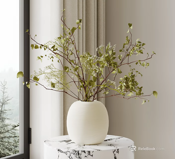 White Ceramic Vase With Green Branches On Small Table By Window With Curtains And Trees 3d model