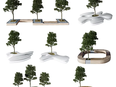Modern Tree Planters Design Featuring Various Shapes Wooden Frames And White Geometric Styles 3d model