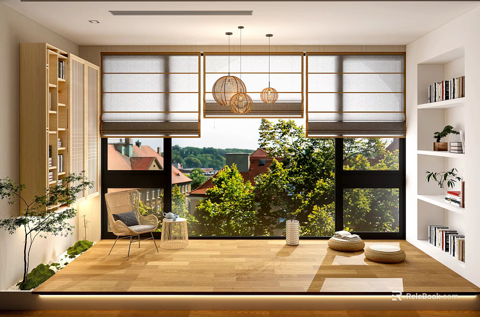 White Blinds In Modern Living Room Large Windows With Green Trees And Wooden Floor 3d model 