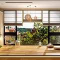White Blinds In Modern Living Room Large Windows With Green Trees And Wooden Floor