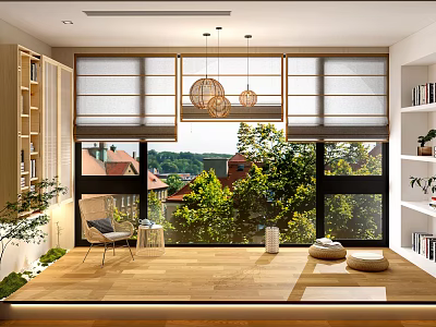 White Blinds In Modern Living Room Large Windows With Green Trees And Wooden Floor 3d model