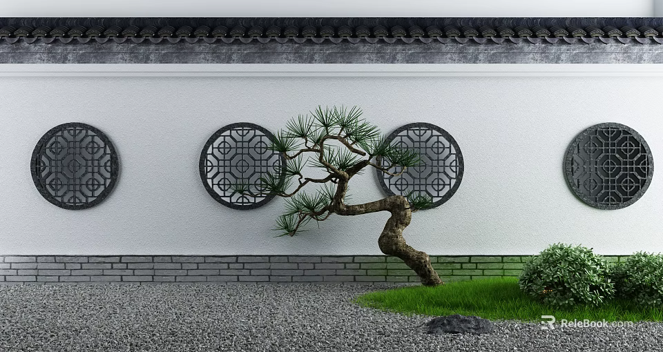 Traditional Building Exterior Wall with White Surface Circular Lattice Windows Pine Tree and Grass 3d model
