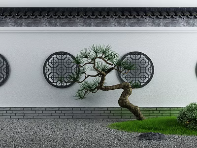 Traditional Building Exterior Wall with White Surface Circular Lattice Windows Pine Tree and Grass 3d model