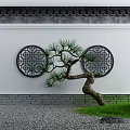 Traditional Building Exterior Wall with White Surface Circular Lattice Windows Pine Tree and Grass 3d model