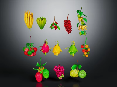 Fresh Vibrant Various Fruits with Bright Colors Including Dragon Fruit Strawberry and Grapes 3d model