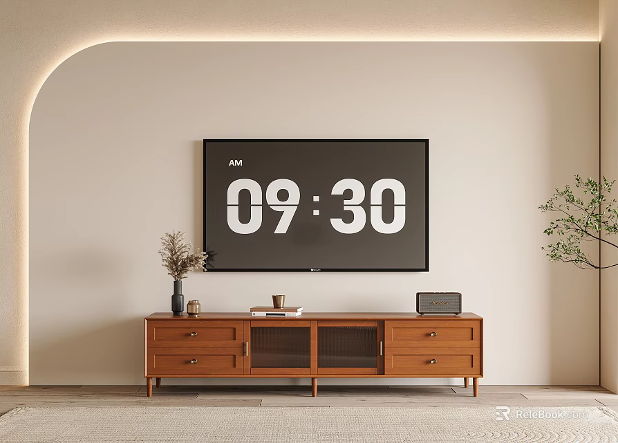 Wooden TV Stand With TV Drawers Cabinet Doors And Plant In Modern Room 3d model 