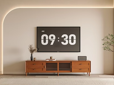 Wooden TV Stand With TV Drawers Cabinet Doors And Plant In Modern Room 3d model