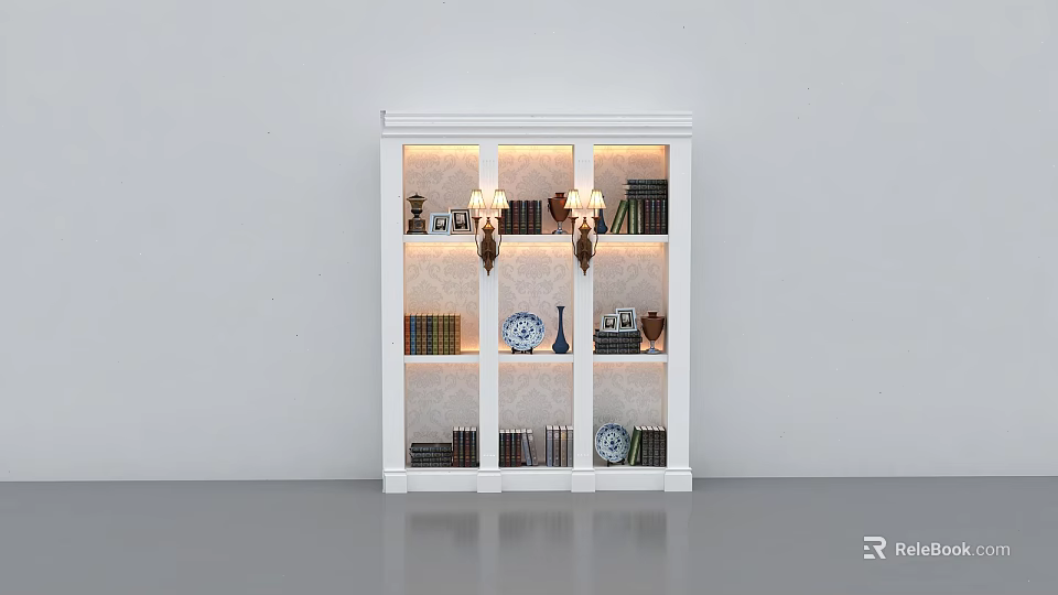 Modern White Bookcase Interior With Books Decorative Vase Photo Frames And Lighting 3d model 