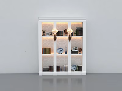 Modern White Bookcase Interior With Books Decorative Vase Photo Frames And Lighting 3d model