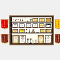 Trophies and Medals Display on Wooden Shelf with Certificates Red Banners