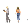Women In Different Poses Holding Flowers Wearing Blue Pants On Gray Ground With Blue Sky