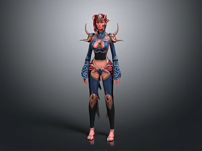 3D Fantasy Female Character With Horns And Decorative Blue And Red Outfit Design 3d model
