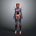 3D Fantasy Female Character With Horns And Decorative Blue And Red Outfit Design