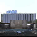 Modern Sales Center Building With Glass Facade Golden Metal Columns And Front Water Pool