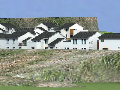 Traditional Style Buildings With White Walls Black Tiles On Hillside And Green Vegetation 3d model