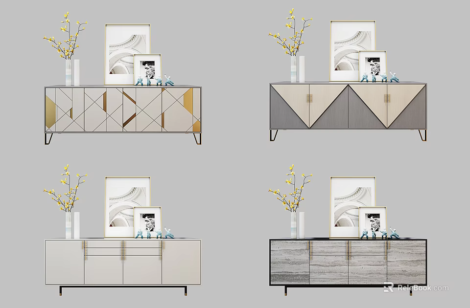 Modern Elegant TV Stand Designs With Vase Picture Frame And Decorative Elements 3d model