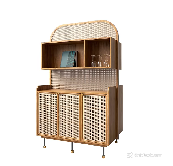 Modern Wooden Sideboard with Rattan Doors Open Shelves Books and Glasses 3d model 
