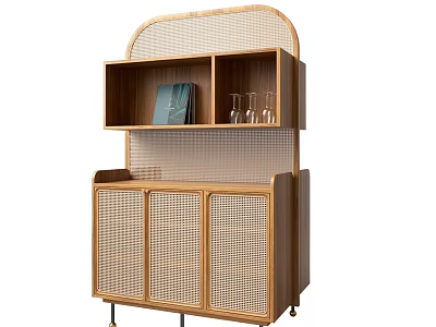 Modern Wooden Sideboard with Rattan Doors Open Shelves Books and Glasses 3d model