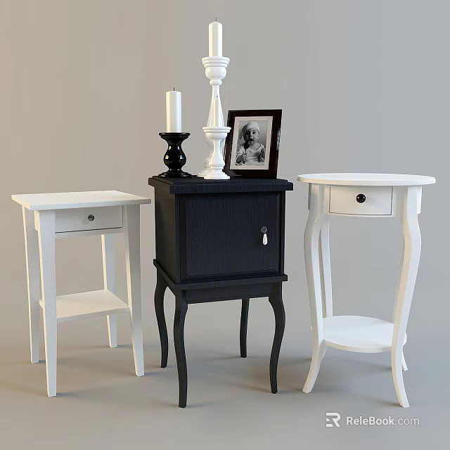 Stylish Black and White Bedside Tables with Drawers Shelves Photo Frame and Candles 3d model 