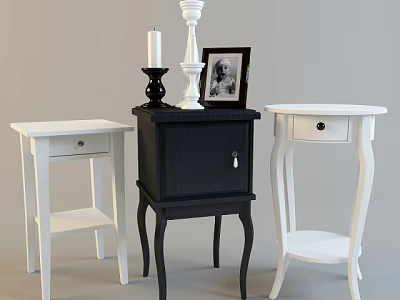 Stylish Black and White Bedside Tables with Drawers Shelves Photo Frame and Candles 3d model