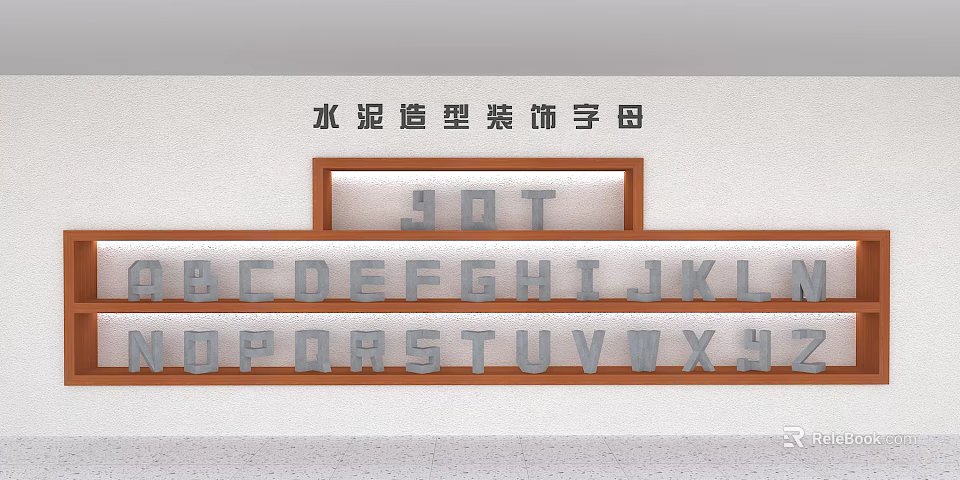 Cement Decorative Letters Ornament Set Arranged On Wooden Display Shelves For Home Decoration 3d model 