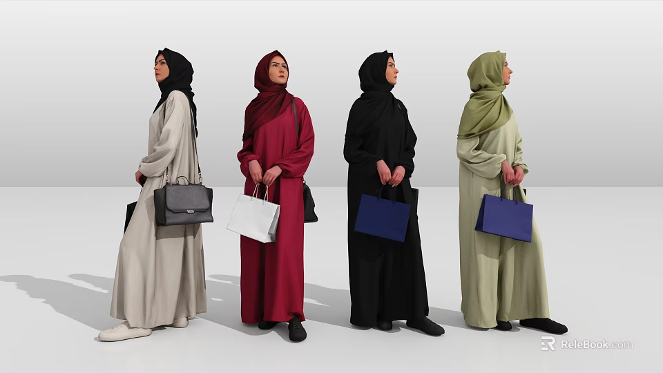 Women In Traditional Hijab And Robes Standing With Different Colored Handbags 3d model 