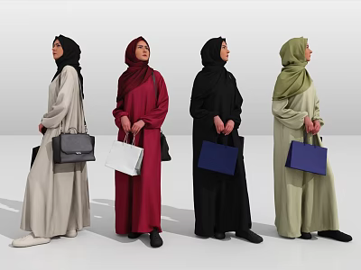 Women In Traditional Hijab And Robes Standing With Different Colored Handbags 3d model